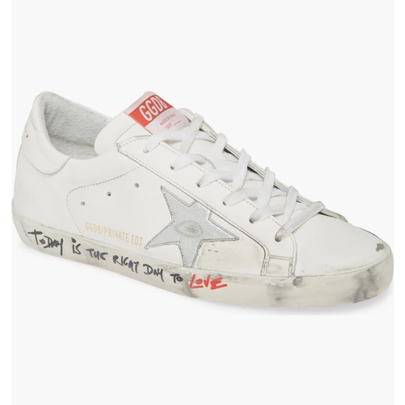 Golden Goose superstars White and Silver Sneakers with Red Sole